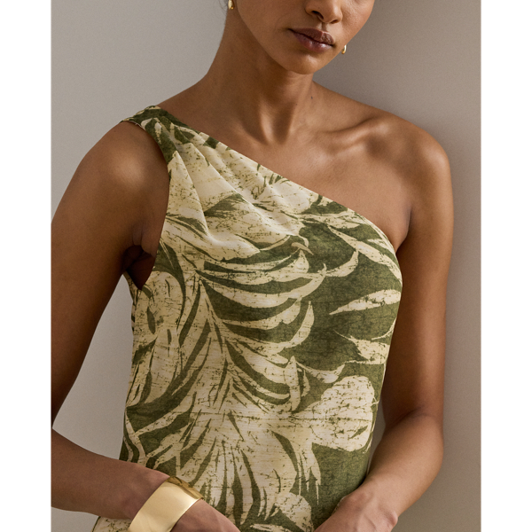 Olive Multi Print Georgette One-Shoulder Gown Lauren 6