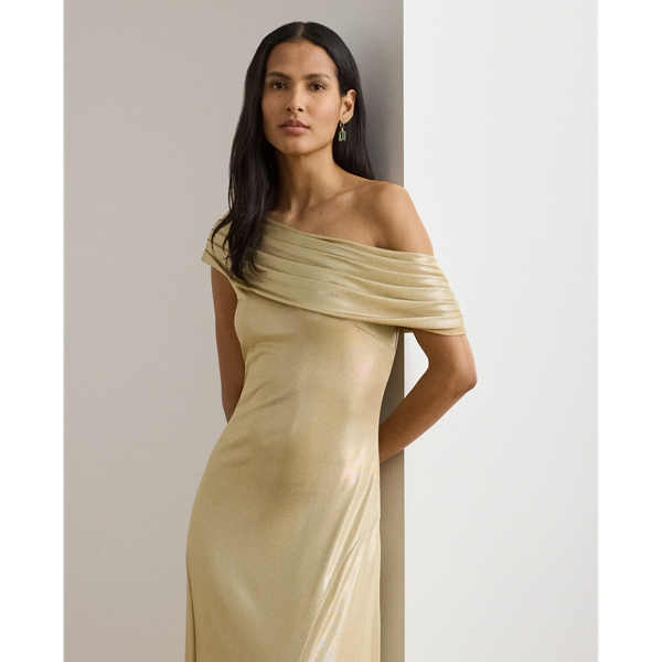 Birch Tan Foil Metallic Jersey Off-the-Shoulder Gown Lauren 4