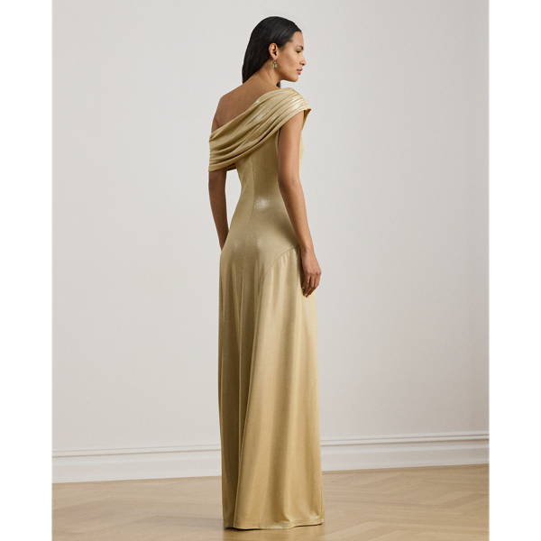Birch Tan Foil Metallic Jersey Off-the-Shoulder Gown Lauren 5