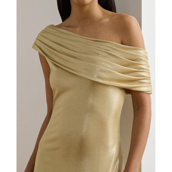 Birch Tan Foil Metallic Jersey Off-the-Shoulder Gown Lauren 6