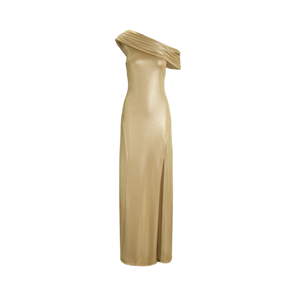 Birch Tan Foil Metallic Jersey Off-the-Shoulder Gown Lauren 2