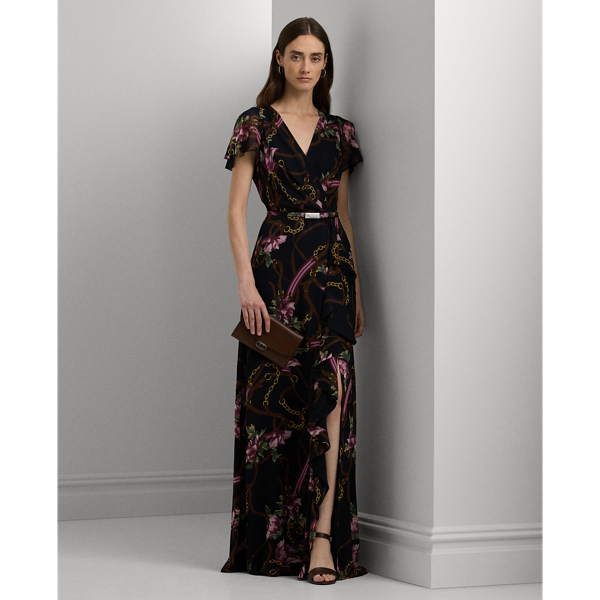 Print Belted Flutter-Sleeve Gown