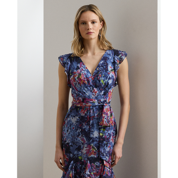 Print Ruffle-Trim Crinkle Georgette Gown