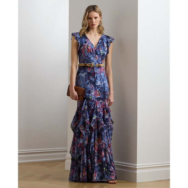Print Ruffle-Trim Crinkle Georgette Gown