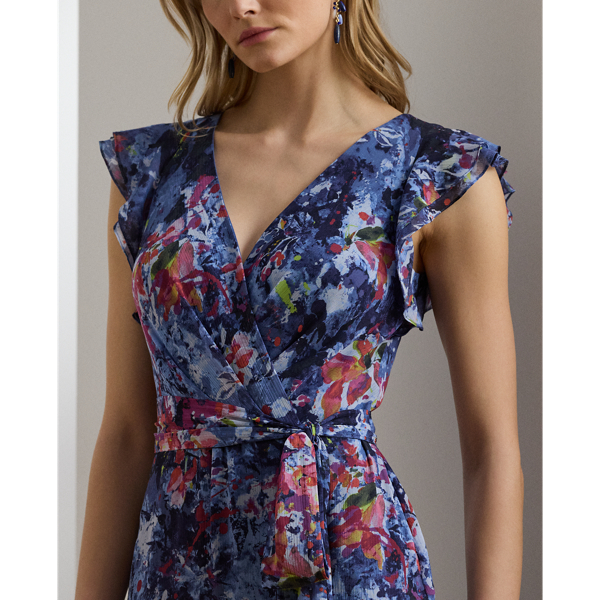 Print Ruffle-Trim Crinkle Georgette Gown
