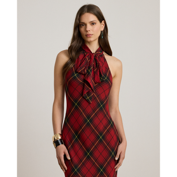 Plaid Georgette Tiered Tie-Neck Gown