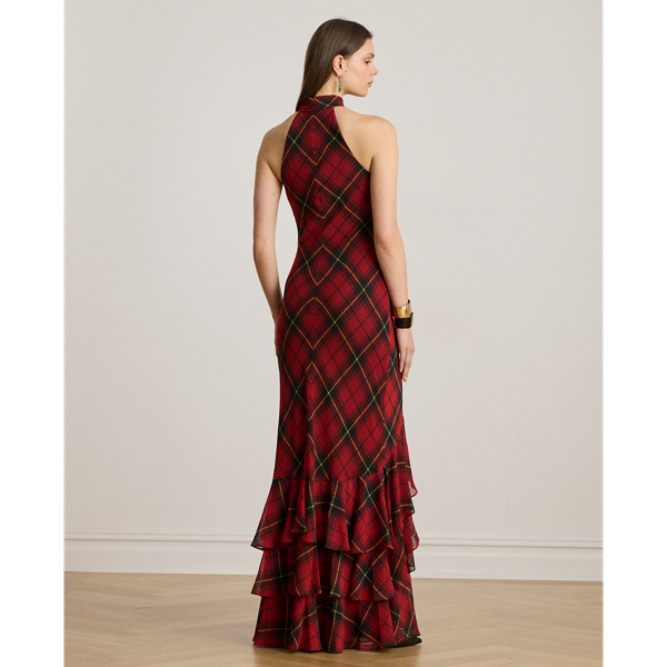 Plaid Georgette Tiered Tie-Neck Gown