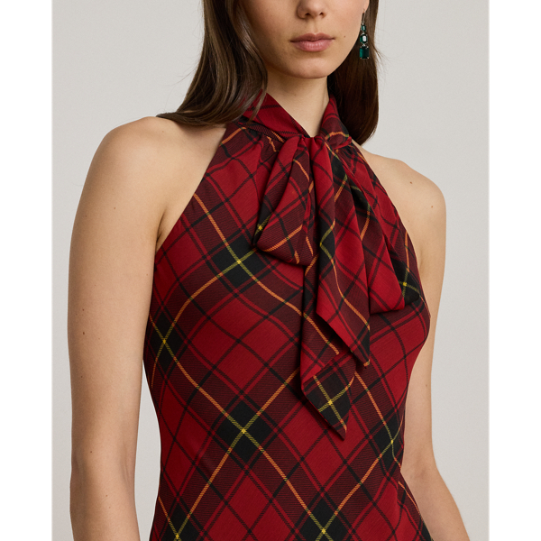 Plaid Georgette Tiered Tie-Neck Gown