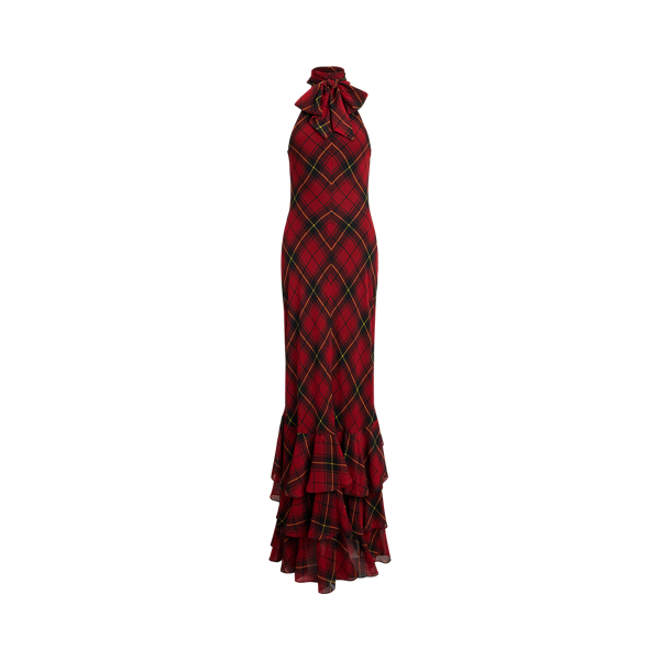 Plaid Georgette Tiered Tie-Neck Gown