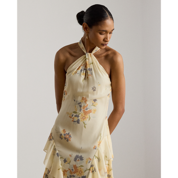 Cream Multi Floral Ruffle-Trim Halter Cocktail Dress Lauren Petite 4