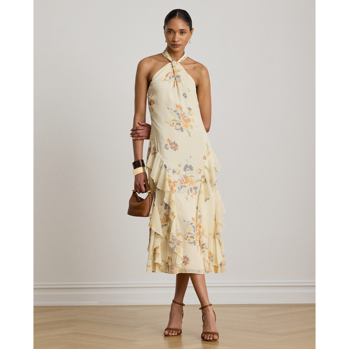 Женское платье Ralph Lauren Floral Ruffle-Trim Halter Cocktail, цвет: Кремовый разноцветный — фото 4