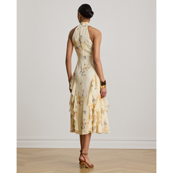 Cream Multi Floral Ruffle-Trim Halter Cocktail Dress Lauren Petite 5
