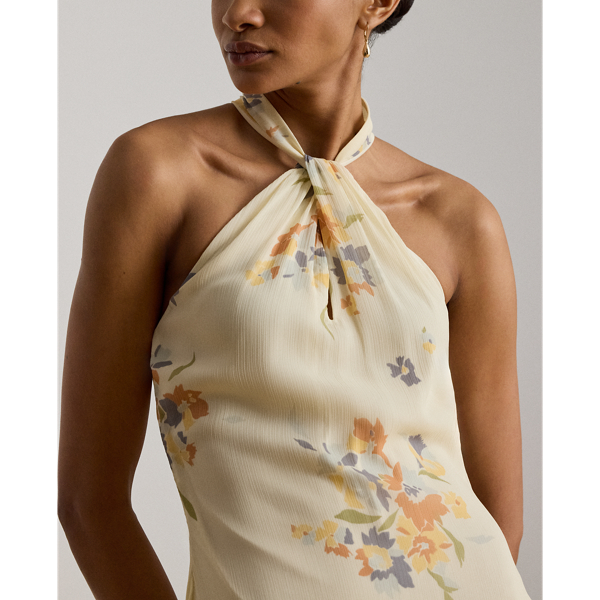 Cream Multi Floral Ruffle-Trim Halter Cocktail Dress Lauren Petite 6