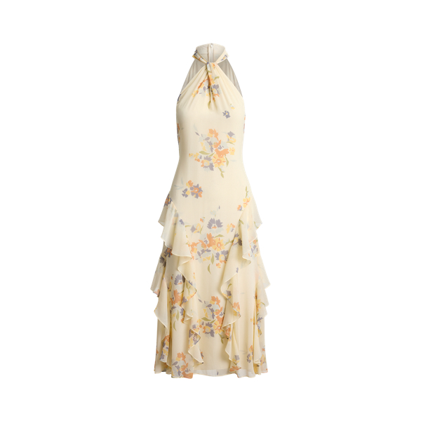 Cream Multi Floral Ruffle-Trim Halter Cocktail Dress Lauren Petite 2