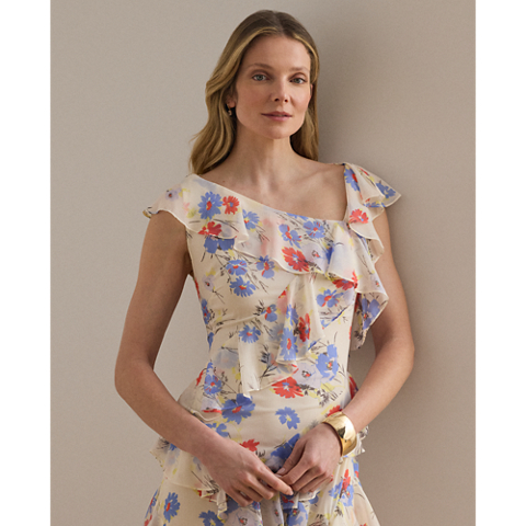 Женское платье Ralph Lauren Floral Ruffle-Trim Georgette Tiered Gown, цвет: Кремовый разноцветный