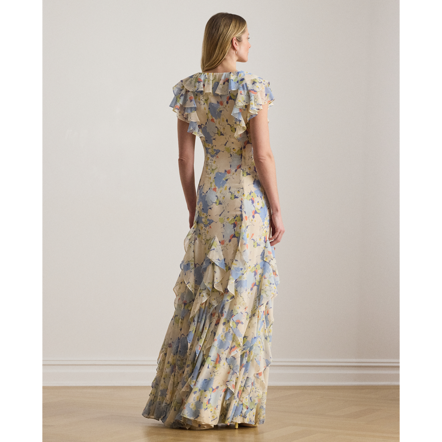 Женское платье Ralph Lauren Floral Ruffle-Trim Georgette Gown, цвет: Синий разноцветный — фото 2