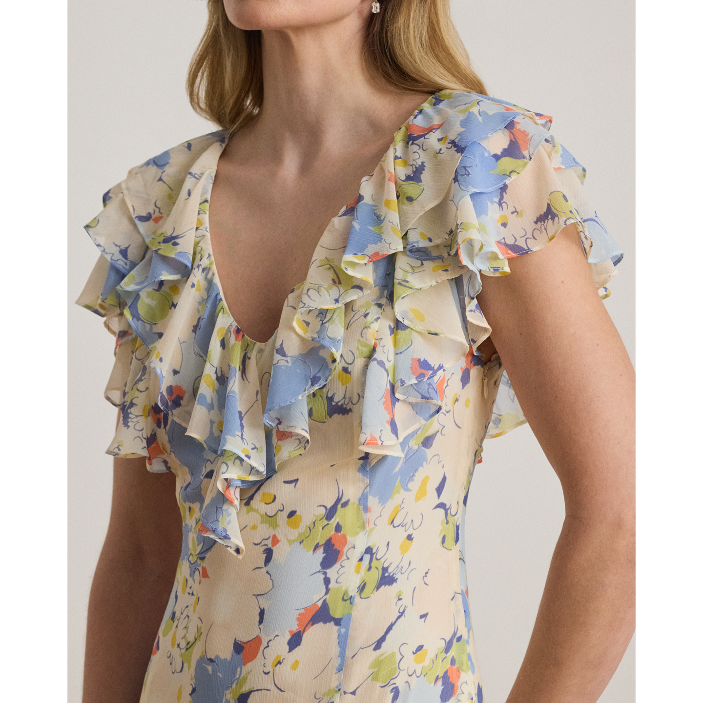Женское платье Ralph Lauren Floral Ruffle-Trim Georgette Gown, цвет: Синий разноцветный — фото 3
