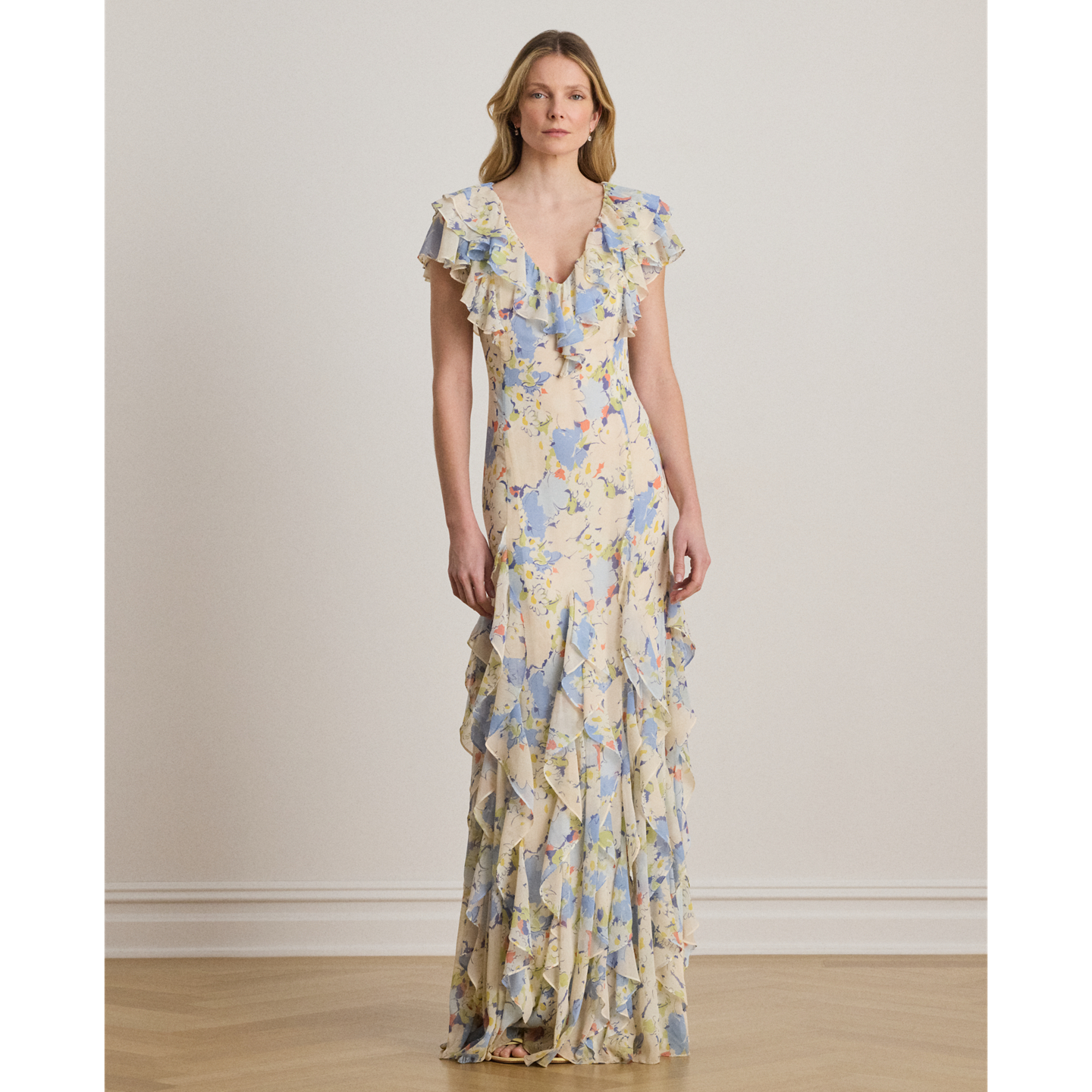 Женское платье Ralph Lauren Floral Ruffle-Trim Georgette Gown, цвет: Синий разноцветный — фото 4
