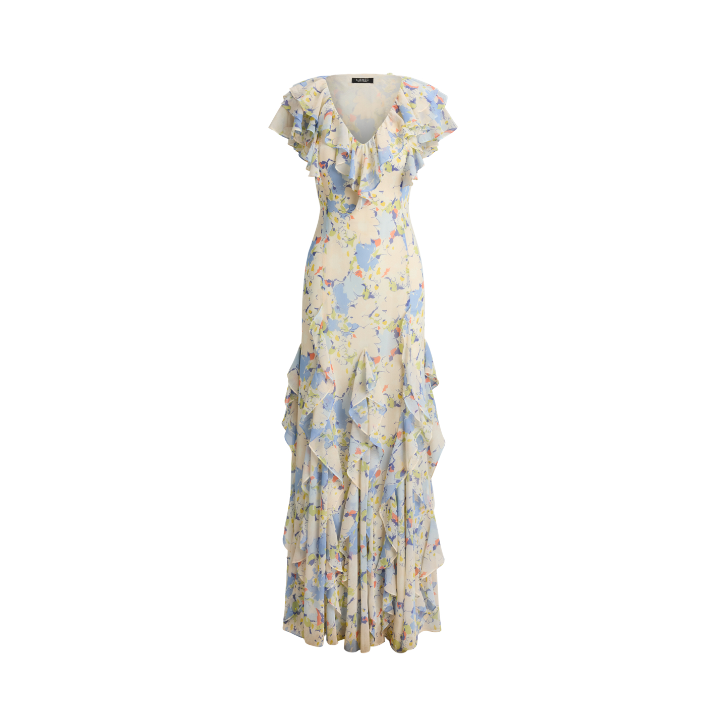 Женское платье Ralph Lauren Floral Ruffle-Trim Georgette Gown, цвет: Синий разноцветный — фото 6