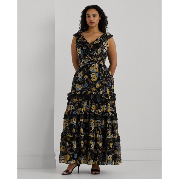 Floral Ruffle-Trim Georgette Gown