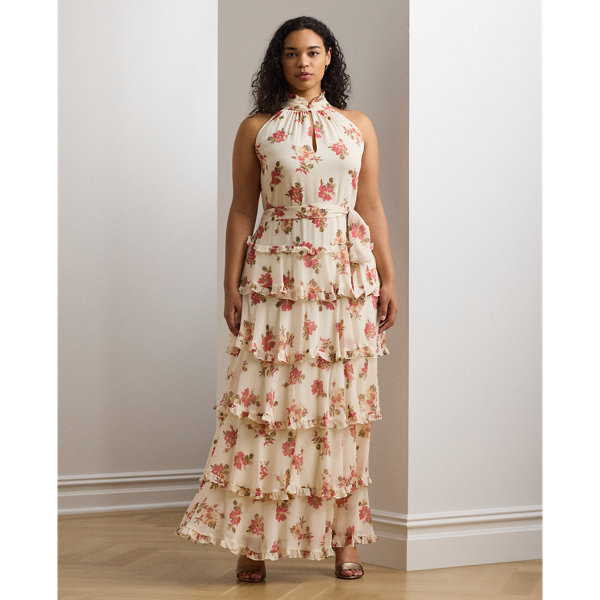 Floral Crinkle Georgette Tiered Gown