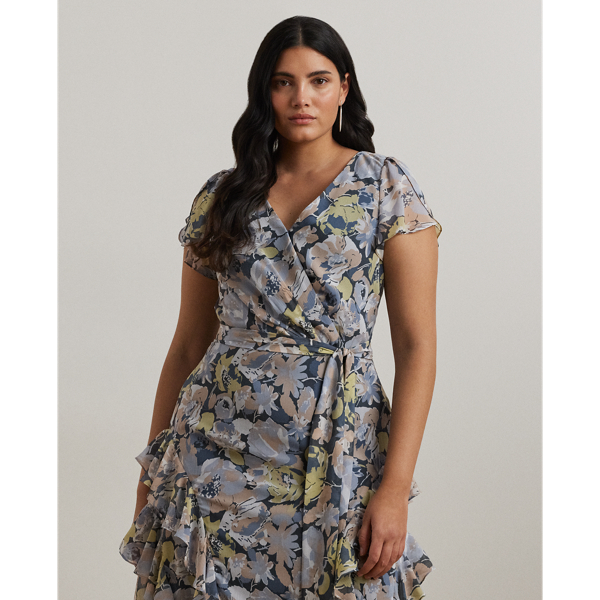 Floral Ruffle-Trim Georgette Gown