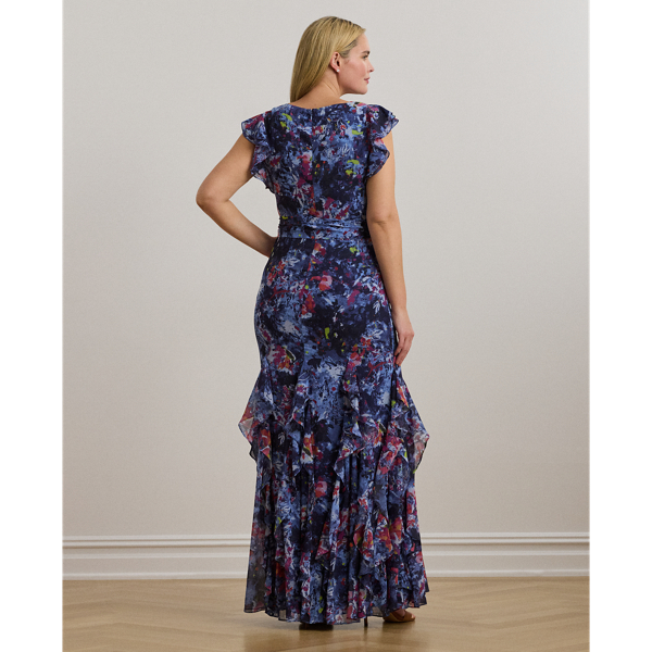 Print Ruffle-Trim Crinkle Georgette Gown