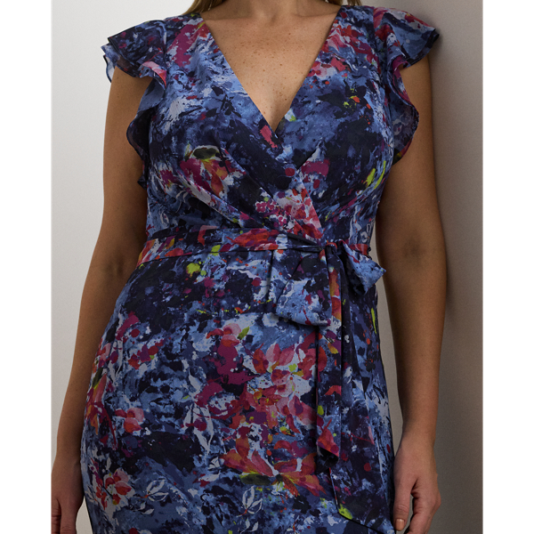 Print Ruffle-Trim Crinkle Georgette Gown