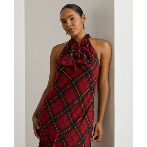 Plaid Georgette Tiered Tie-Neck Gown