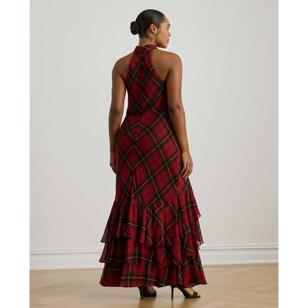 Plaid Georgette Tiered Tie-Neck Gown