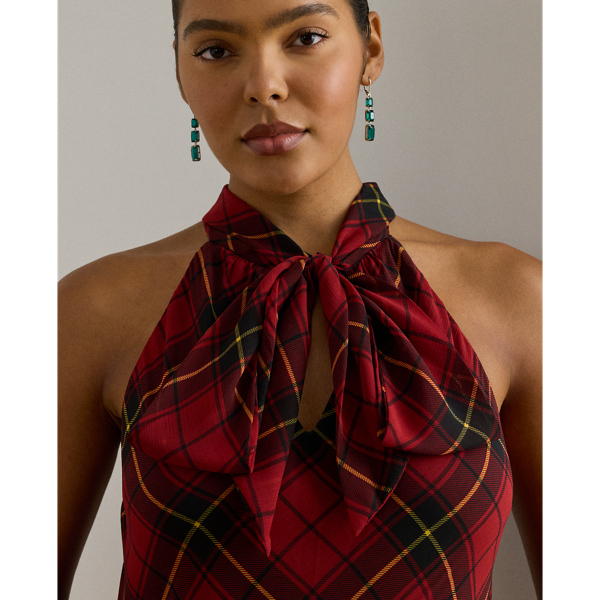 Plaid Georgette Tiered Tie-Neck Gown