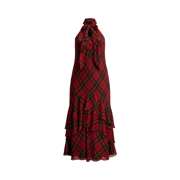 Plaid Georgette Tiered Tie-Neck Gown