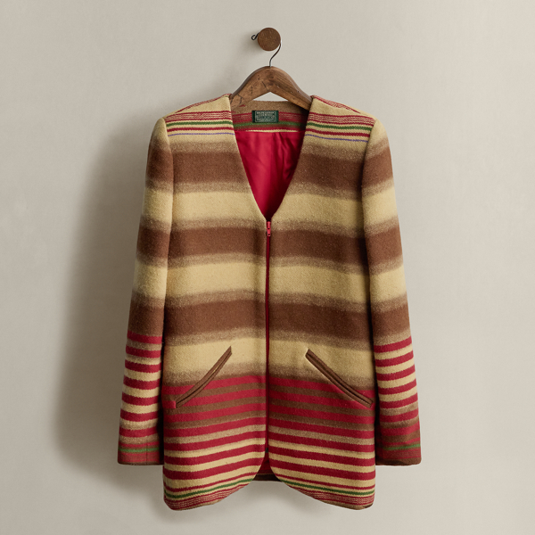 c. 1990 Striped Wool Zip Coat - Size L