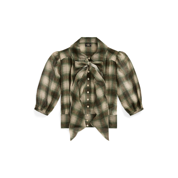 Olive/Khaki Plaid-Print Silk Georgette Blouse RRL 1