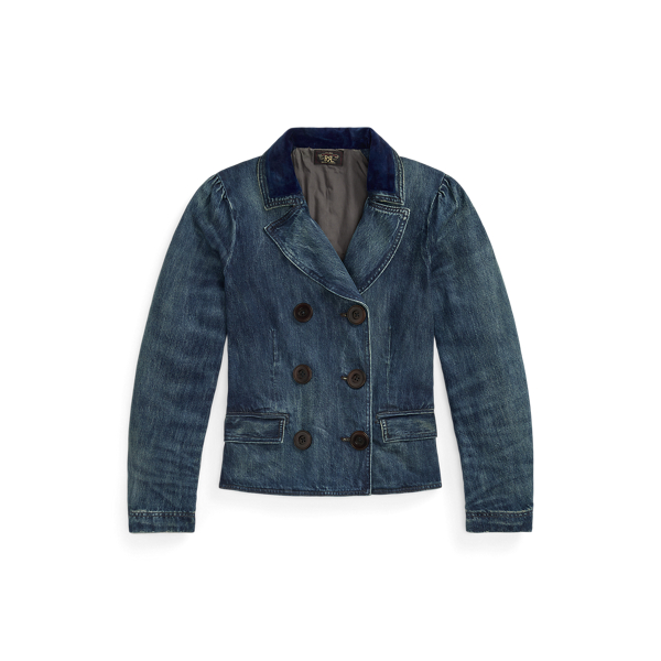 Velvet-Collar Indigo Denim Jacket