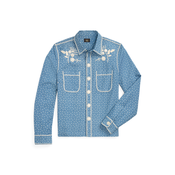 Blue/Cream Embroidered Indigo Floral-Print Shirt RRL 1