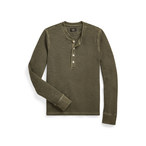 Faded Olive Garment-Dyed Waffle-Knit Henley RRL 1