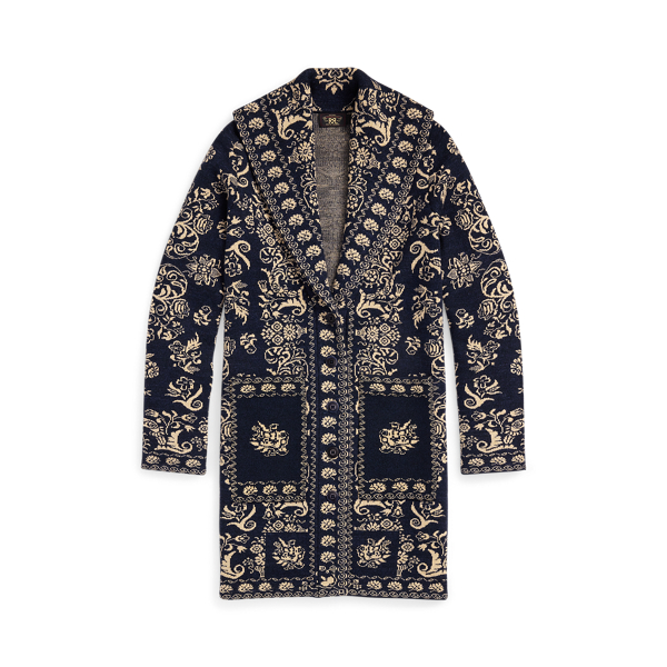Navy/Cream Cardigan long jacquard de laine et coton RRL 1