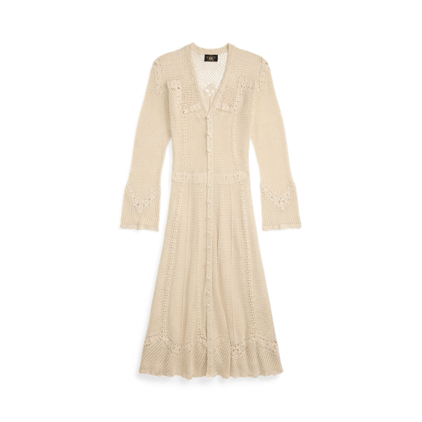 Cream Cardigan long crocheté en pointelle RRL 1