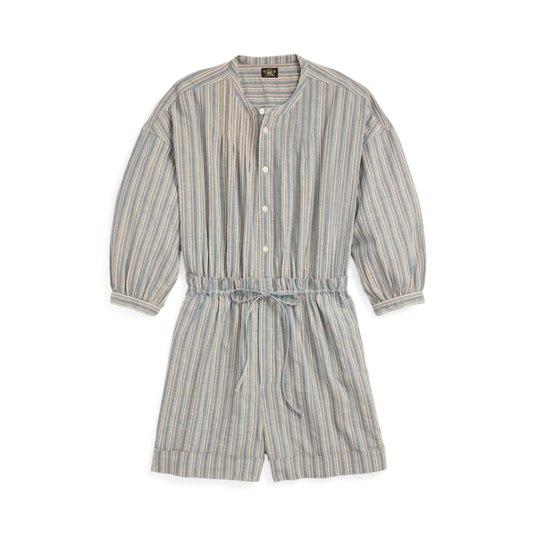 Blue/Multi Gestreifter Baumwoll-Leinen-Overall RRL 1