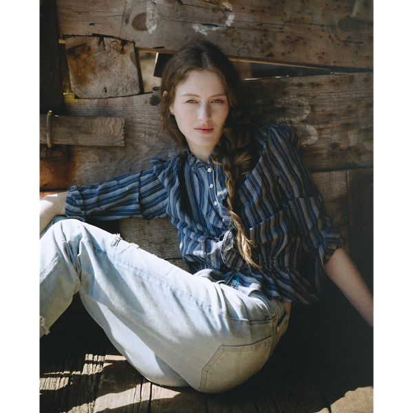 【XS（Sサイズ相当）】RRL準新品！フリルトリムブラウス★タグ有り フリルトリム ストライプド コットン ブラウス | ラルフ ローレン公式