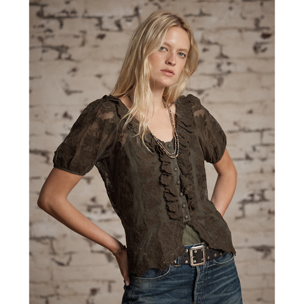Ruffle-Trim Embroidered Lace Blouse