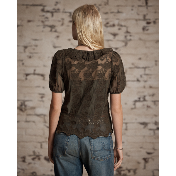 Ruffle-Trim Embroidered Lace Blouse