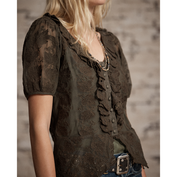 Ruffle-Trim Embroidered Lace Blouse