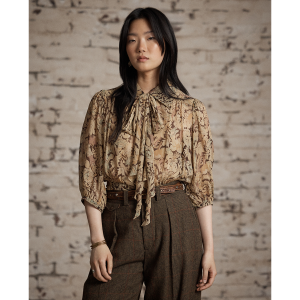 Floral-Print Crinkled Silk Blouse