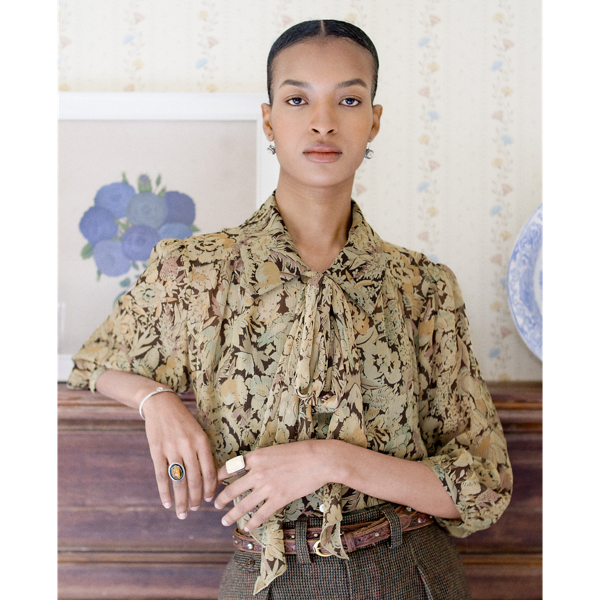 Floral-Print Crinkled Silk Blouse