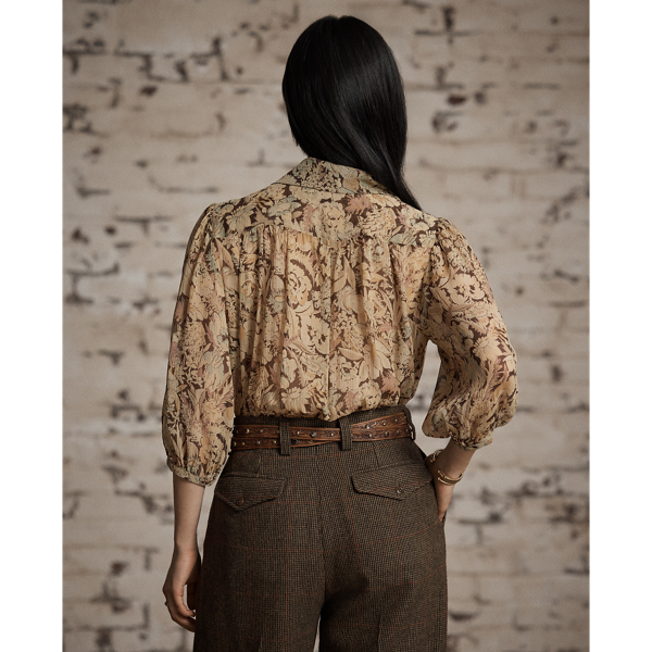 Floral-Print Crinkled Silk Blouse