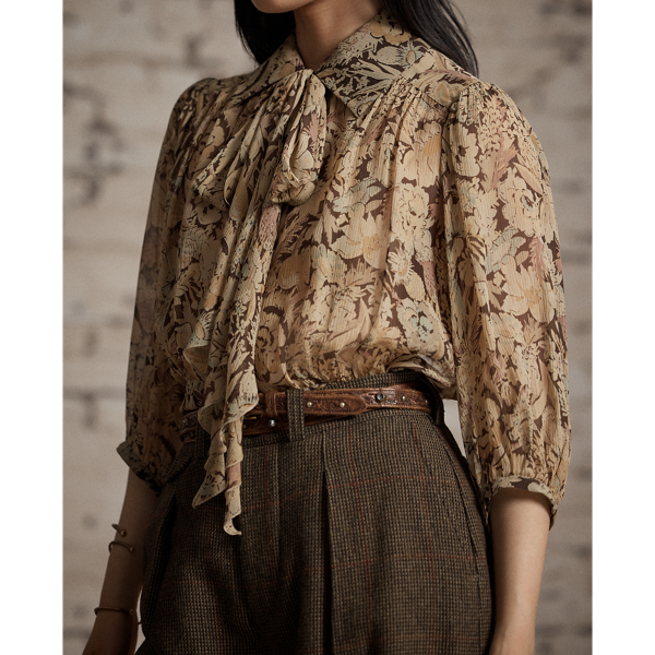 Floral-Print Crinkled Silk Blouse