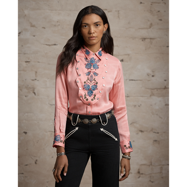 Camisa Western de cetim bordada &agrave; m&atilde;o