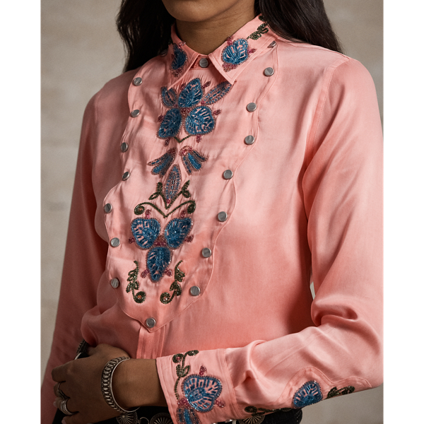 Camisa Western de cetim bordada &agrave; m&atilde;o